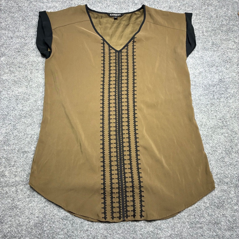 Express Womens Brown Black‎ Embroidered V Neck Tunic Blouse Top Sz.Small